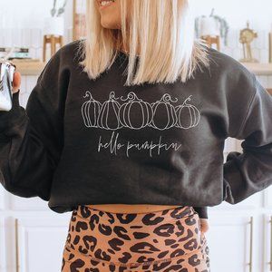 NEW Black Hello Pumpkin Fall Long Sleeve Crewneck Pullover Sweatshirt Unisex